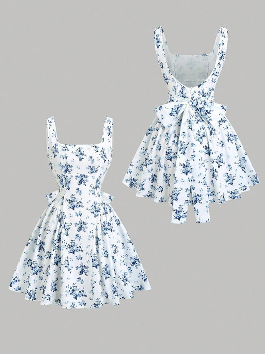 PA2859	Retro Monochrome Polka Dot V-Neck Sleeveless Ruched Flirty Back Cutout Sexy Mini Dress With Sophisticated Print, American Style