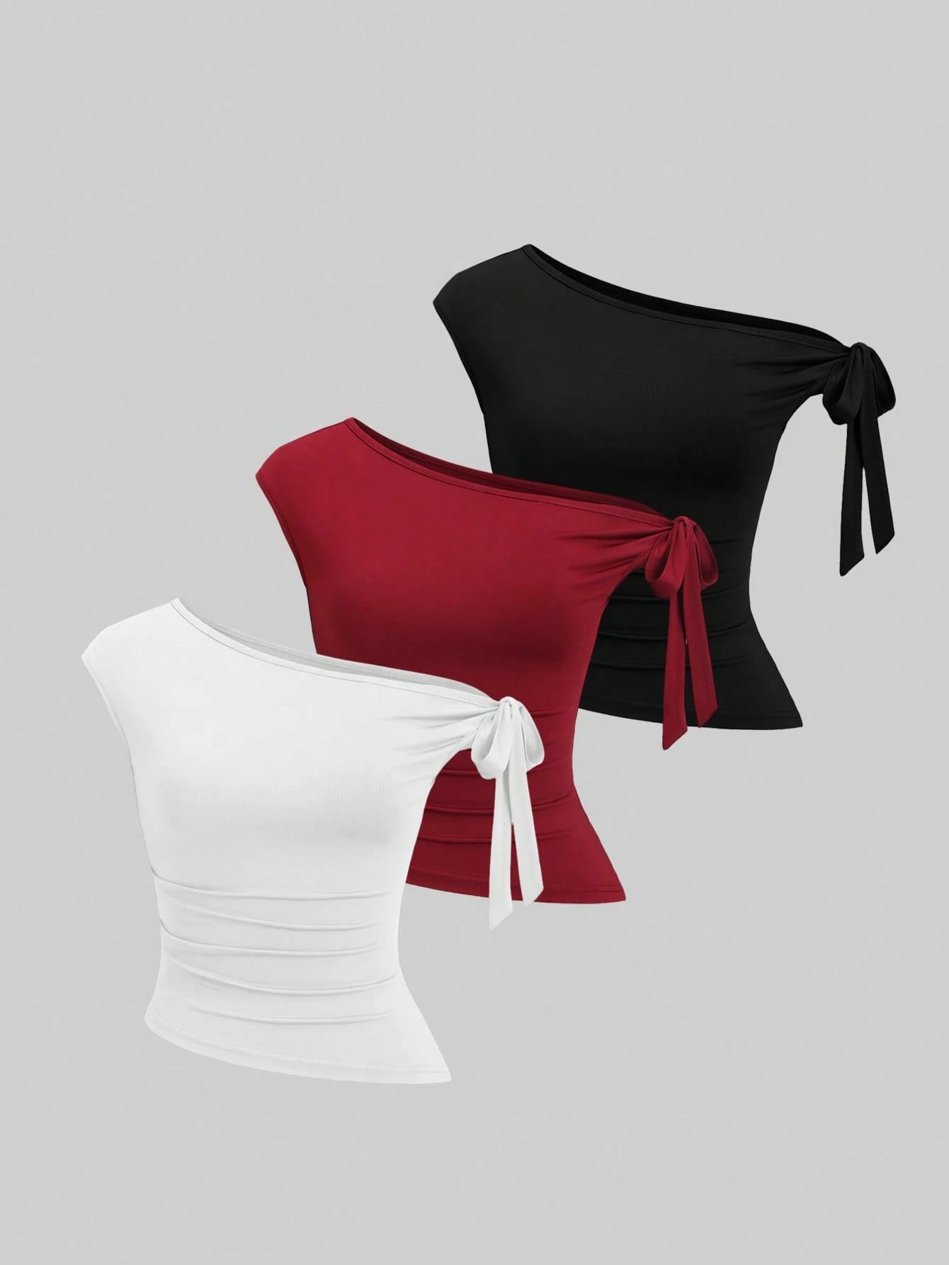 HW5710	3pcs/Set Women's Solid Color Twist Knot Shoulder Casual T-Shirts