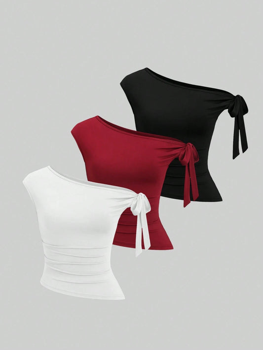 HW5710	3pcs/Set Women's Solid Color Twist Knot Shoulder Casual T-Shirts
