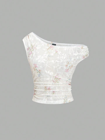 Women's Asymmetrical Neck Knit Jacquard Jacquard Slim Fit Comfortable T-Shirt, Spring/Summer