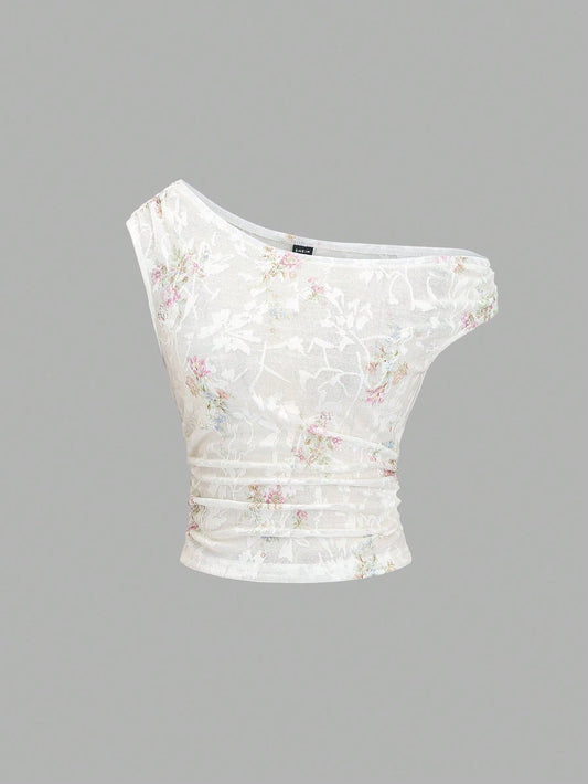 Women's Asymmetrical Neck Knit Jacquard Jacquard Slim Fit Comfortable T-Shirt, Spring/Summer