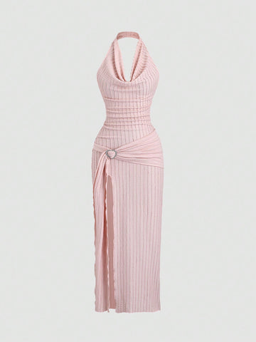 PA6310	Women's Striped Elegant Draped Neck Open Slit Dress