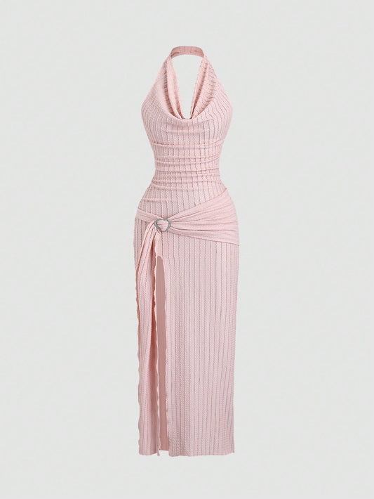 PA6310	Women's Striped Elegant Draped Neck Open Slit Dress