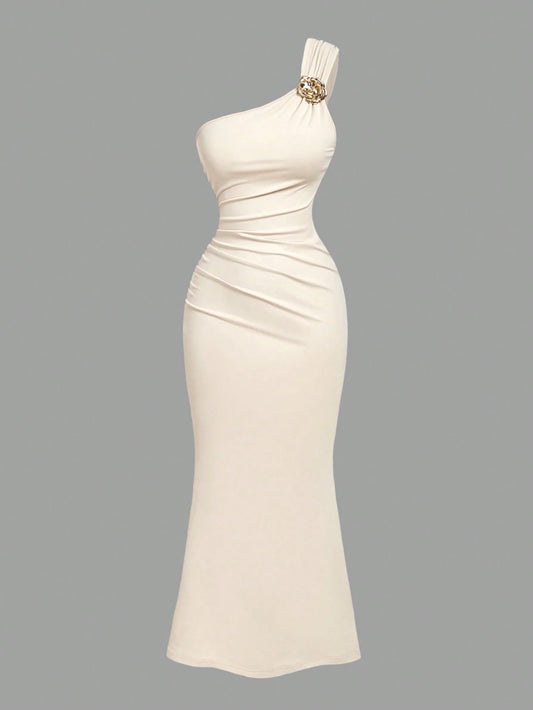 PA2083 || Gold Color Brooch Decor Asymmetric Neck Ruched Fishtail Skirt