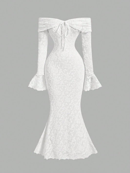 PA1940 || Women Off Shoulder Long Sleeve Front Tie Bodycon Dress,New Years Dress Women,New Year Party Dress,Valentine's Day,Tea Party Dress,White Graduation Dress