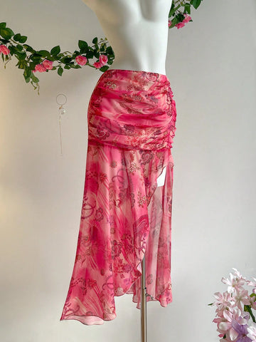 CV2036	Women's Asymmetrical Vacation Printed Pleated Thigh High Slit Skirt