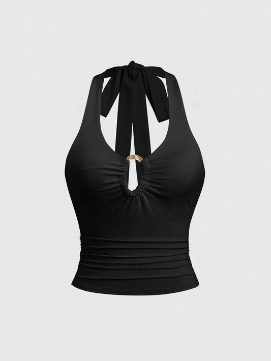 HW3049	Vintage Sexy Metal Buckle Decor Deep V-Neck Camisole Top