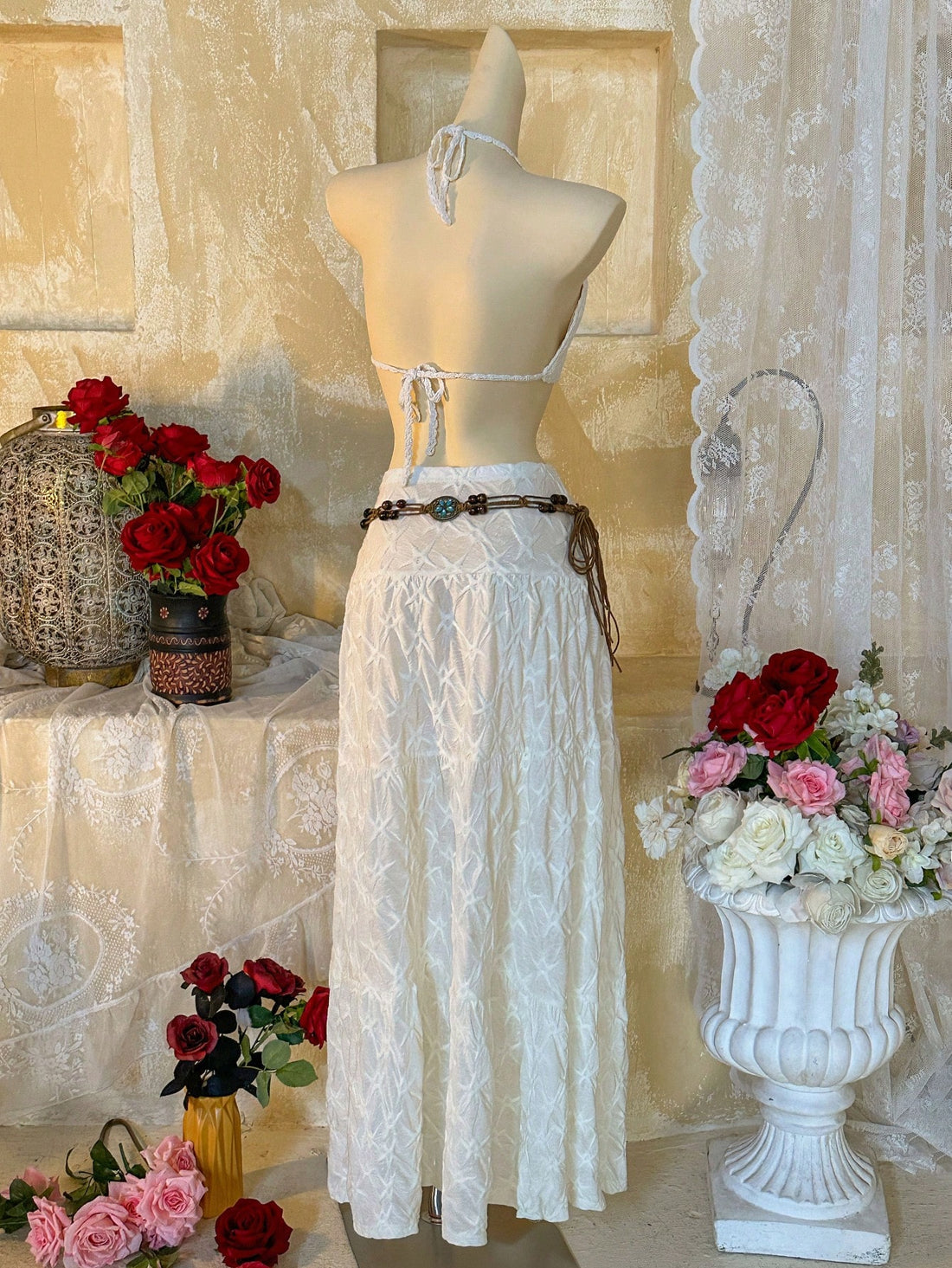 CV2025	Women's New Spring Season Suitable For Beach Vacation Travel Solid Color Weave Textured Fabric High Slit With Belt Sexy Skirt