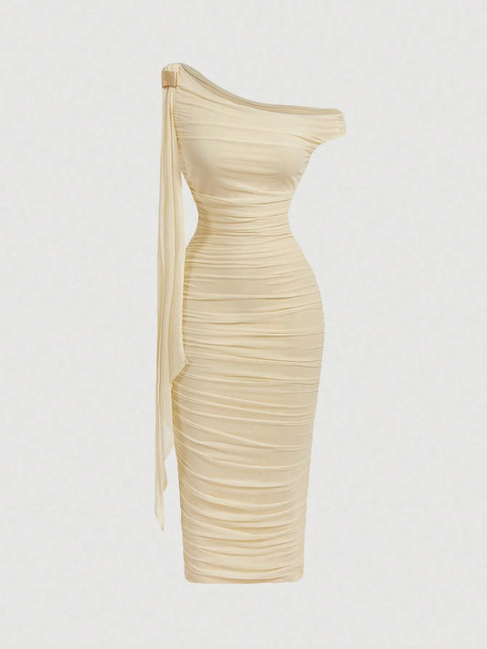PA8426 || Women's Solid Color Asymmetric Collar Ruffle Patchwork Tie-Dye Elegant Mid-Length Dress,Bodycon Dress