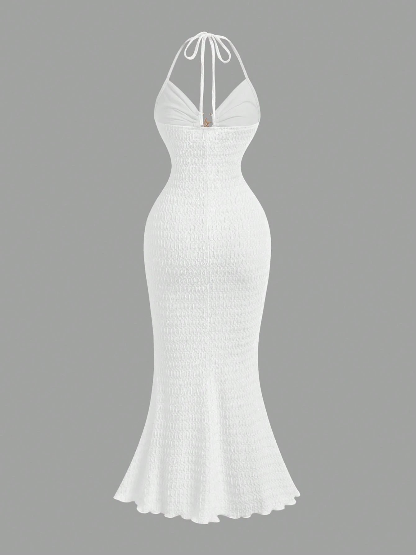 PA2850 || Sexy Vacation V-Neck Fish Tail Dress With Metal Starfish Decor, Halter Tie-Up Backless, Textured Fabric, Elegant Dress,Vacation Women Clothes,Graduation Dress,Wedding Guest Dress Women