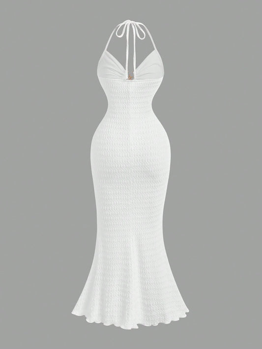 PA2850 || Sexy Vacation V-Neck Fish Tail Dress With Metal Starfish Decor, Halter Tie-Up Backless, Textured Fabric, Elegant Dress,Vacation Women Clothes,Graduation Dress,Wedding Guest Dress Women