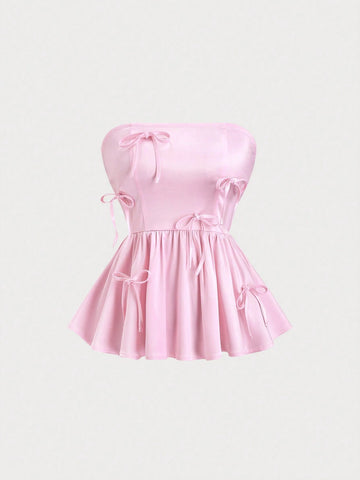 HW6985	Women's Romantic Solid Bandeau Top With Bow Decor