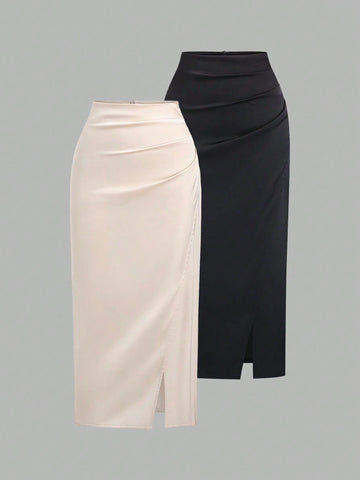 CV2023	Sweetra Women's Elegant Pleated Slit Fitted Skirt, Formal/Casual