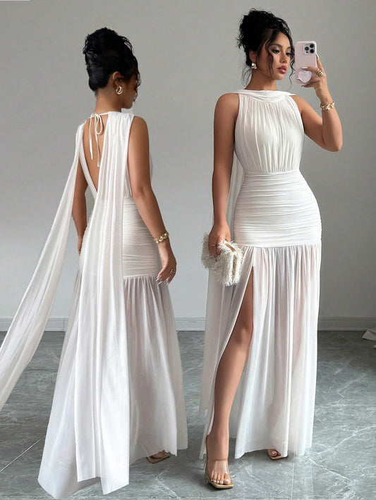 PA2348  Women Solid Color Minimalist Sleeveless Long Dress