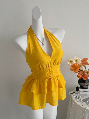 HW6105	Minimalist Sleeveless V-Neck Backless Women Tank Top, Fashion Versatile Casual Ruffle Design