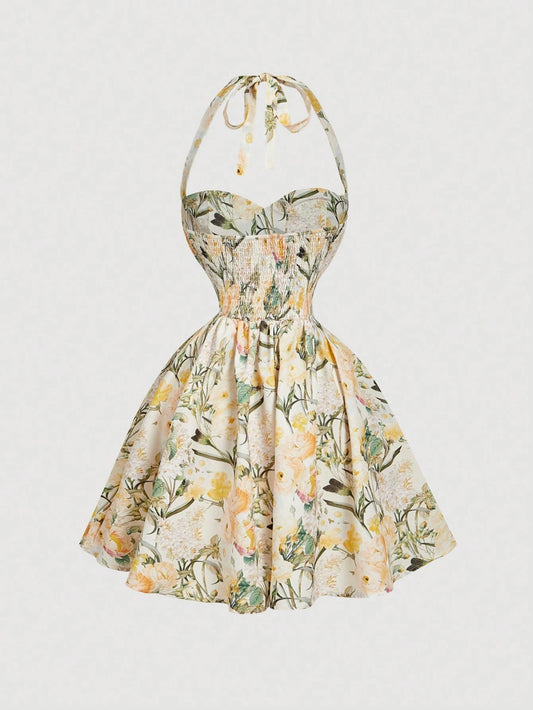 PA5073 Women's Romantic Floral Print Halter Dress
