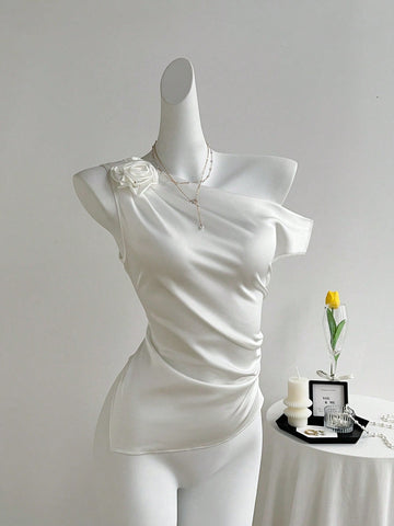HW3482  3D Floral Oblique Collar Sleeveless Slim Fit Blouse