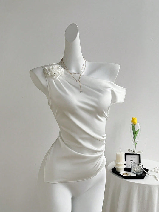 HW3482  3D Floral Oblique Collar Sleeveless Slim Fit Blouse