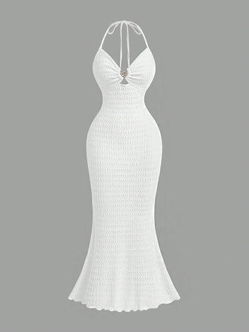 PA2850 || Sexy Vacation V-Neck Fish Tail Dress With Metal Starfish Decor, Halter Tie-Up Backless, Textured Fabric, Elegant Dress,Vacation Women Clothes,Graduation Dress,Wedding Guest Dress Women
