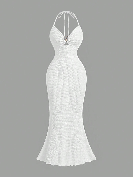 PA2850 || Sexy Vacation V-Neck Fish Tail Dress With Metal Starfish Decor, Halter Tie-Up Backless, Textured Fabric, Elegant Dress,Vacation Women Clothes,Graduation Dress,Wedding Guest Dress Women