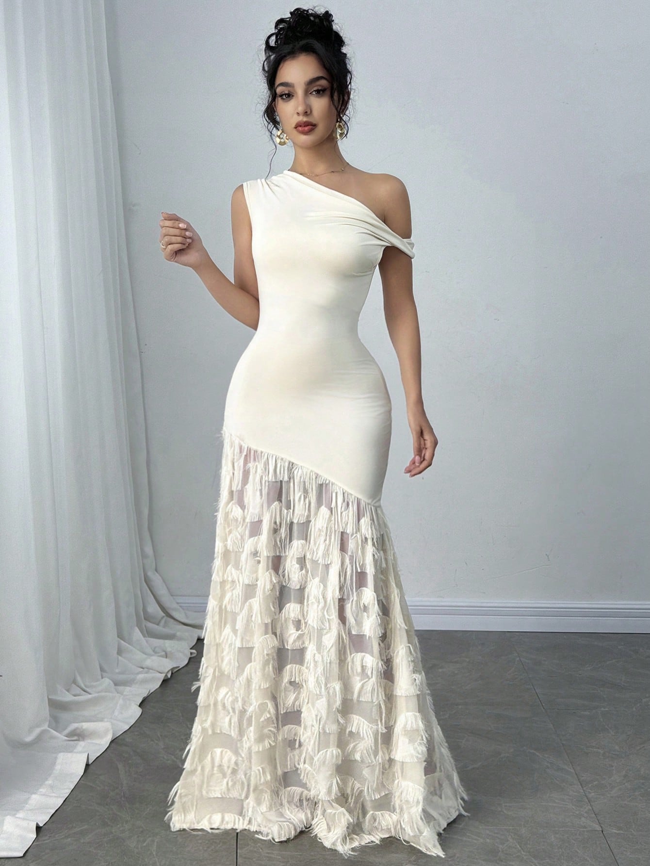 PA8032  Women's Elegant Twist Shoulder Slim Fit Bodycon Fish Tail Jacquard Dress