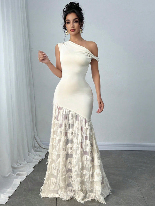 PA8032  Women's Elegant Twist Shoulder Slim Fit Bodycon Fish Tail Jacquard Dress