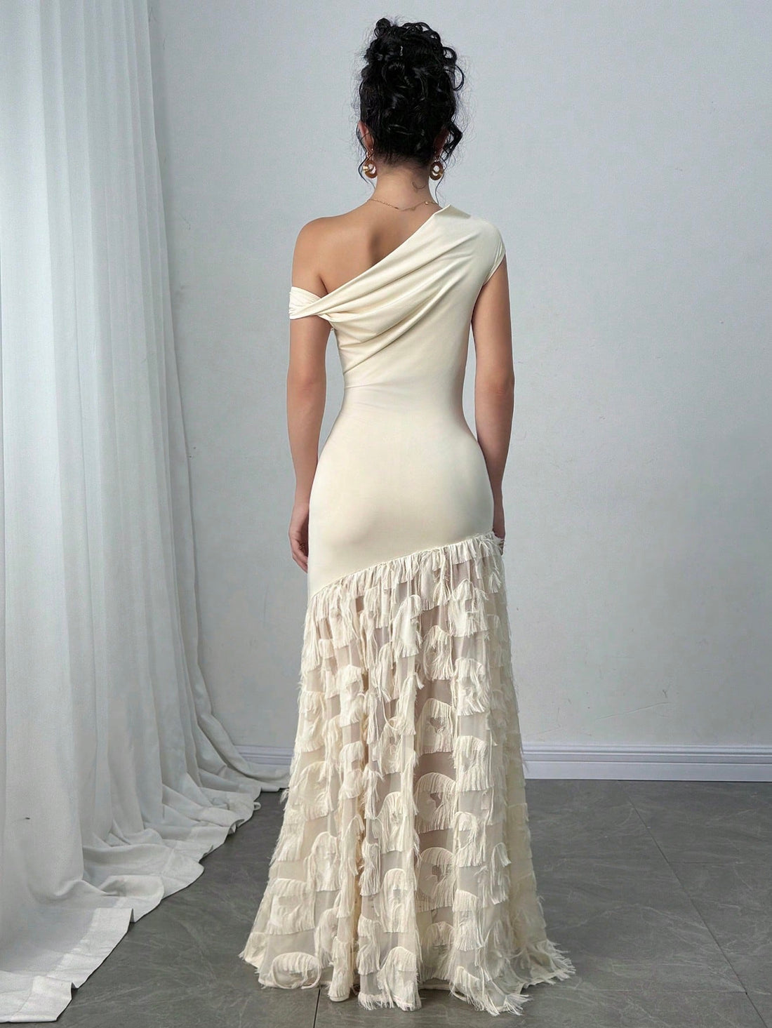 PA8032  Women's Elegant Twist Shoulder Slim Fit Bodycon Fish Tail Jacquard Dress