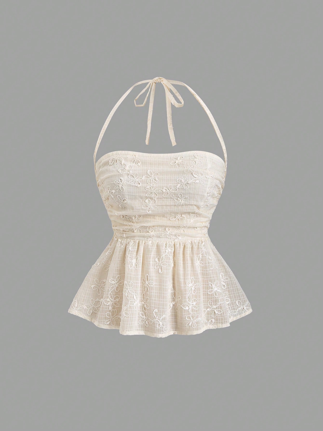 PA6730	Women's Apricot Cream White Woven Embroidery Ruched Strapless Tie-Up Tank Top With Ruffle Hem, Suitable For Spring, Summer, Autumn