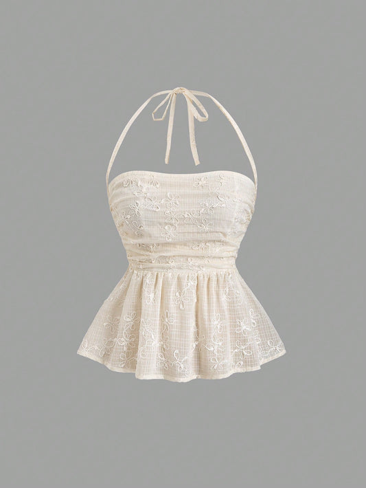 PA6730	Women's Apricot Cream White Woven Embroidery Ruched Strapless Tie-Up Tank Top With Ruffle Hem, Suitable For Spring, Summer, Autumn