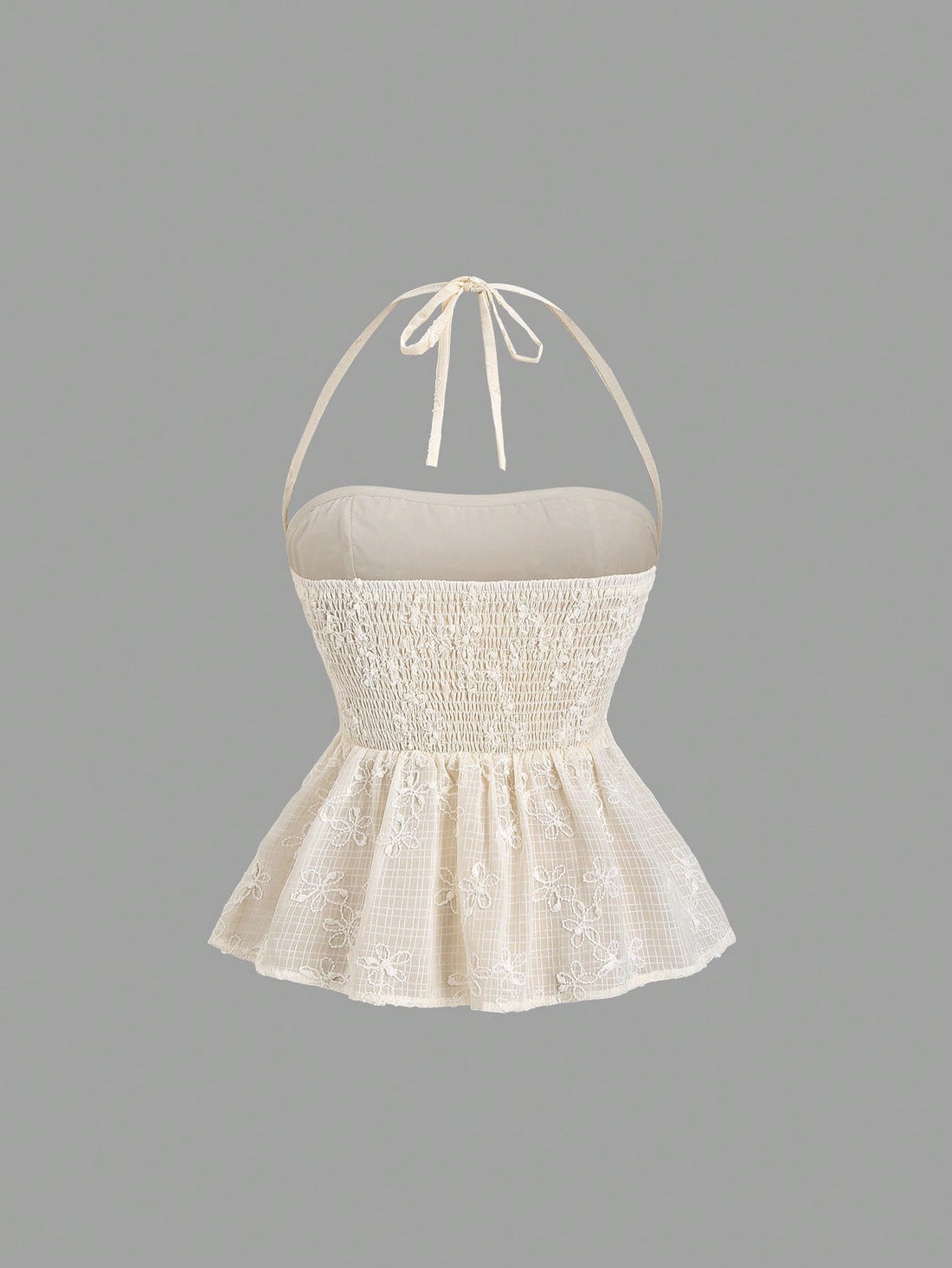 PA6730	Women's Apricot Cream White Woven Embroidery Ruched Strapless Tie-Up Tank Top With Ruffle Hem, Suitable For Spring, Summer, Autumn