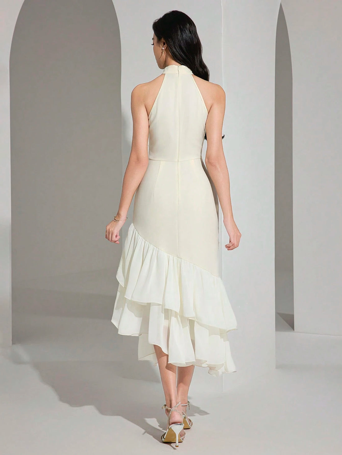 PA6985  Women's Elegant Jacquard Patchwork Ruffle Hem Halter Midi Dress