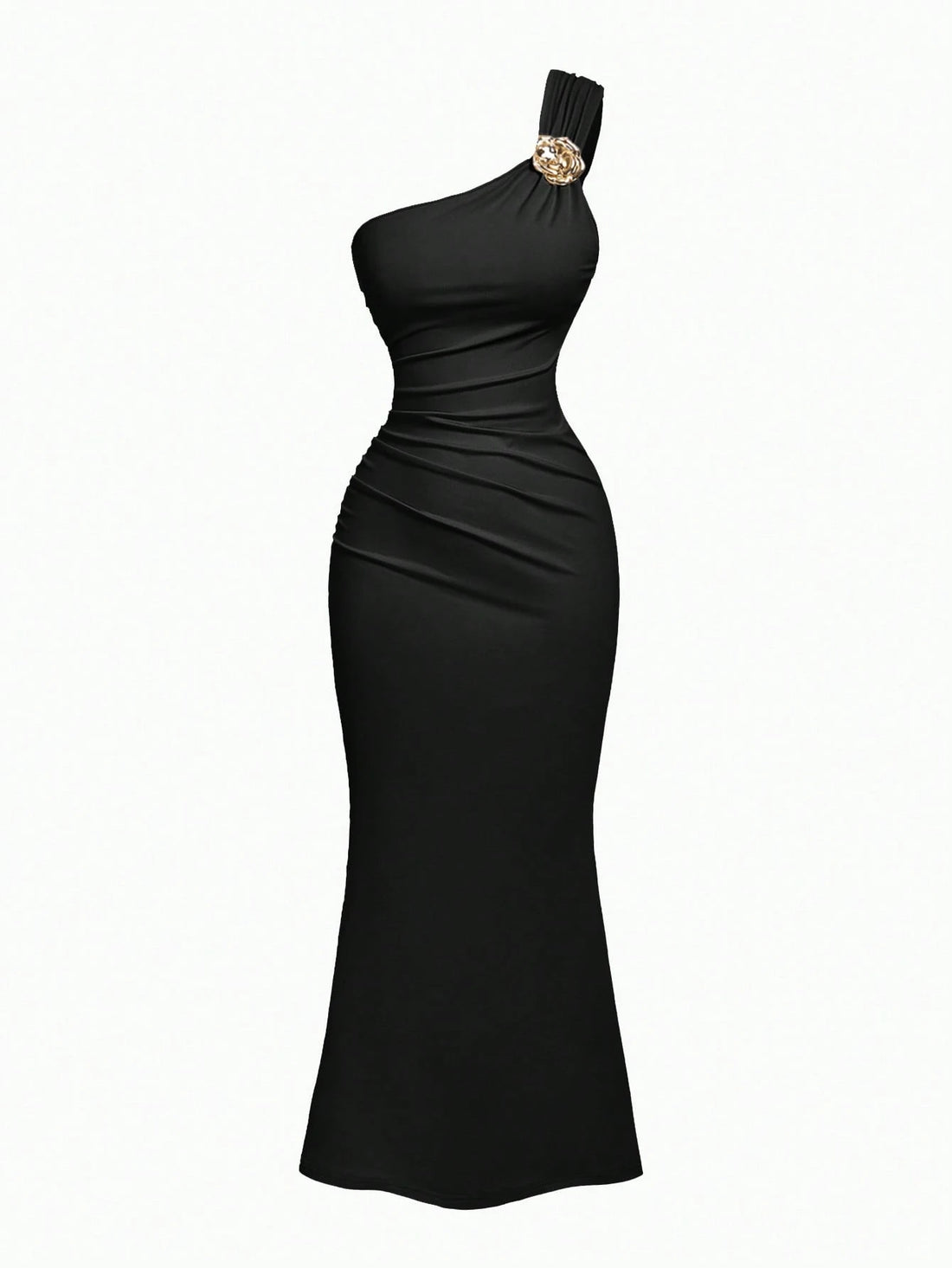 PA2083 || Gold Color Brooch Decor Asymmetric Neck Ruched Fishtail Skirt