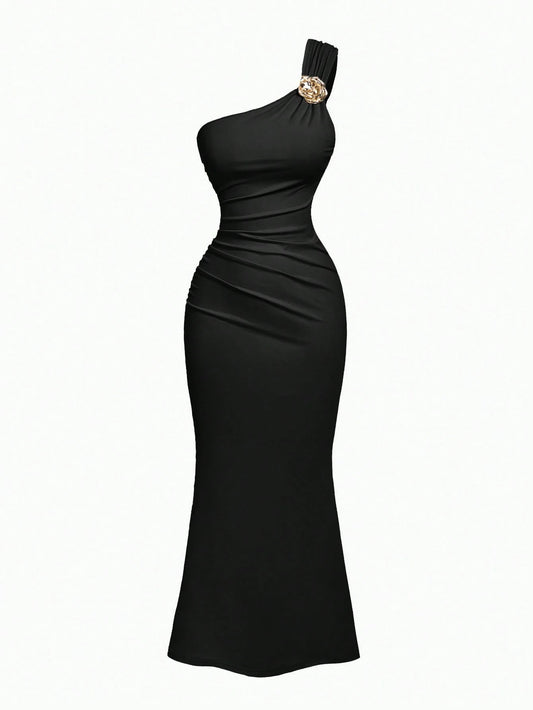 PA2083 || Gold Color Brooch Decor Asymmetric Neck Ruched Fishtail Skirt