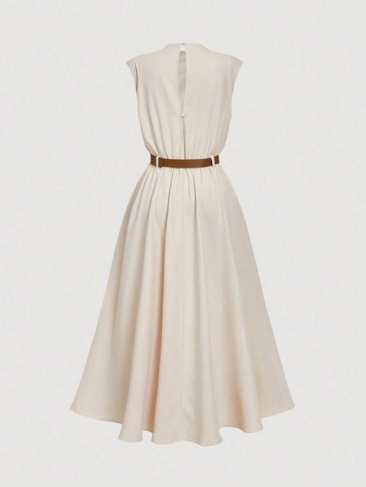 PA4813 || Women Sleeveless Solid Color Dress (With Belt), Back To School Season,Boho Clothes Women Beige Dress Cream Dress Dress With Belt Midi Dress Asymmetrical Dress