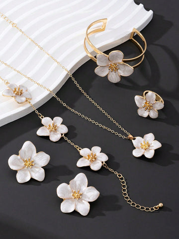 WZ0002	1 Set Luxury Resort Style White Flower Shaped Bracelet, Ring, Necklace, Earrings Women's Jewelry Set, Gift For Date, Couple