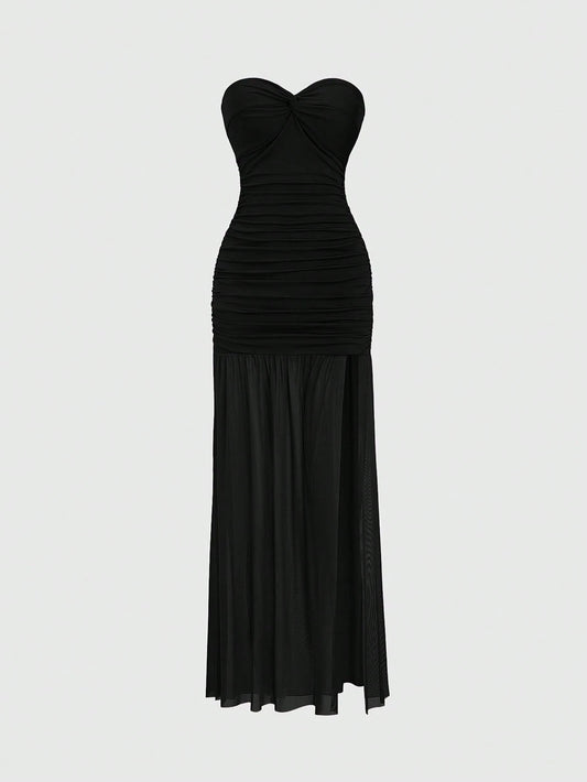PA3475	Women's Elegant Mesh Patchwork Slim Fit High-Quality Office Wear Twist Front Dress
