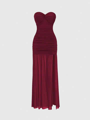 PA3475	Women's Elegant Mesh Patchwork Slim Fit High-Quality Office Wear Twist Front Dress