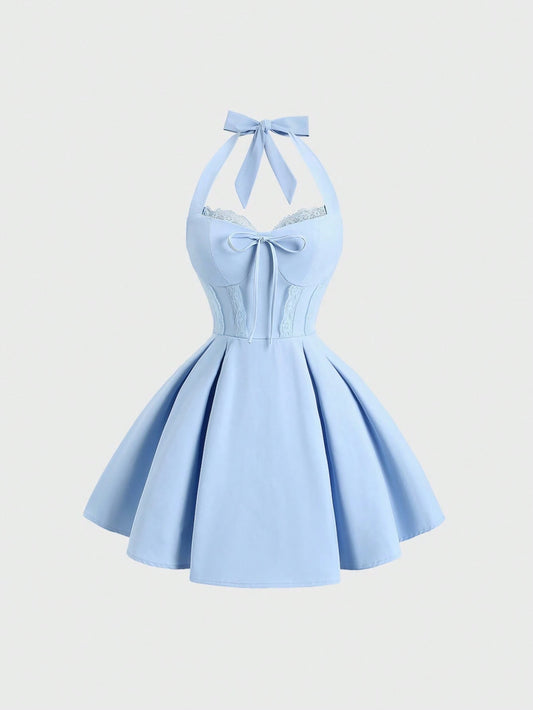 PA5403	Women's Elegant Solid Color Backless Halter Mini Dress, Summer
