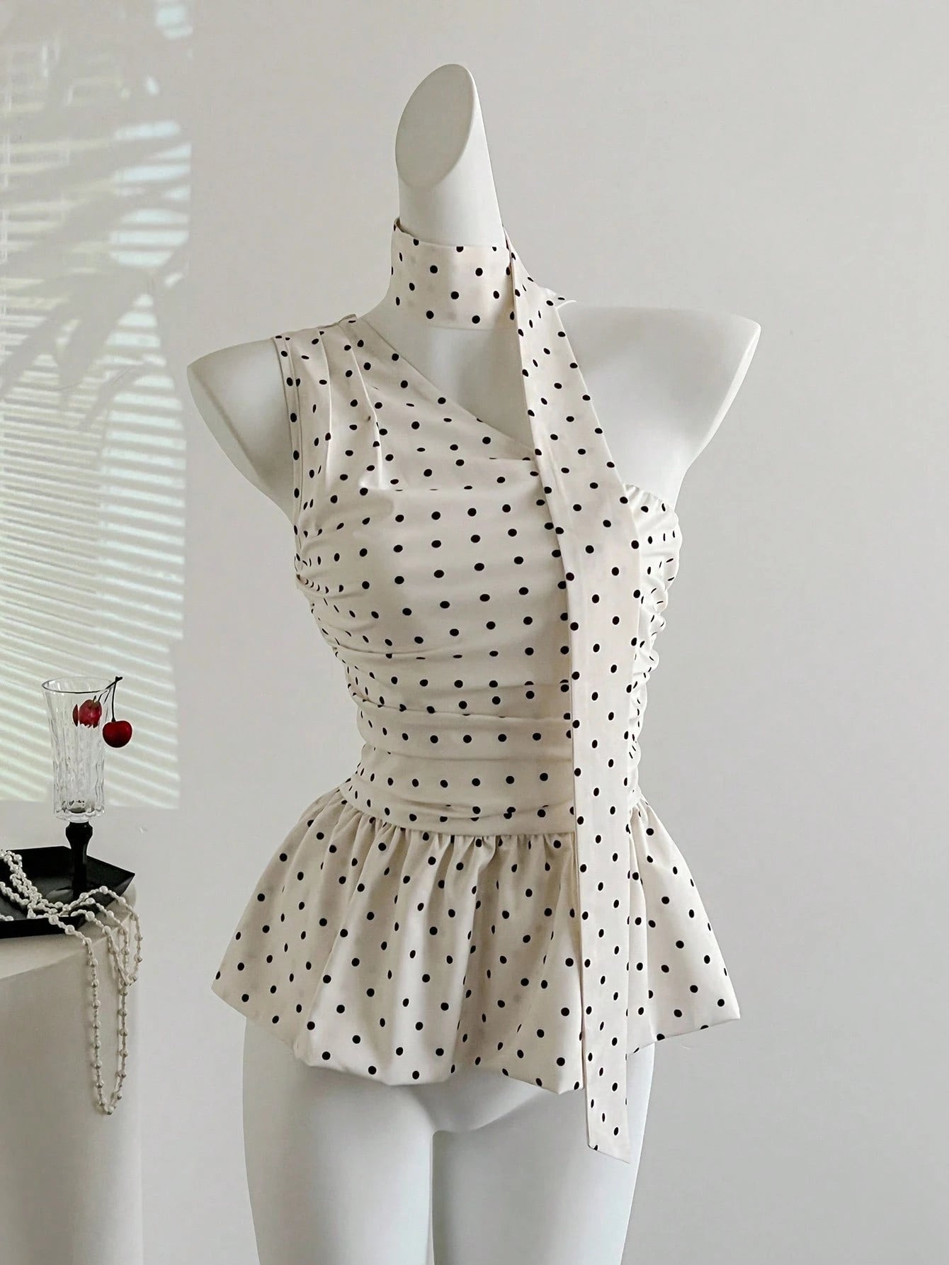 HW7640	New Summer French Polka Dot Chiffon Blouse Women, Minimalist Sexy Spaghetti Strap Sleeveless Crop Top