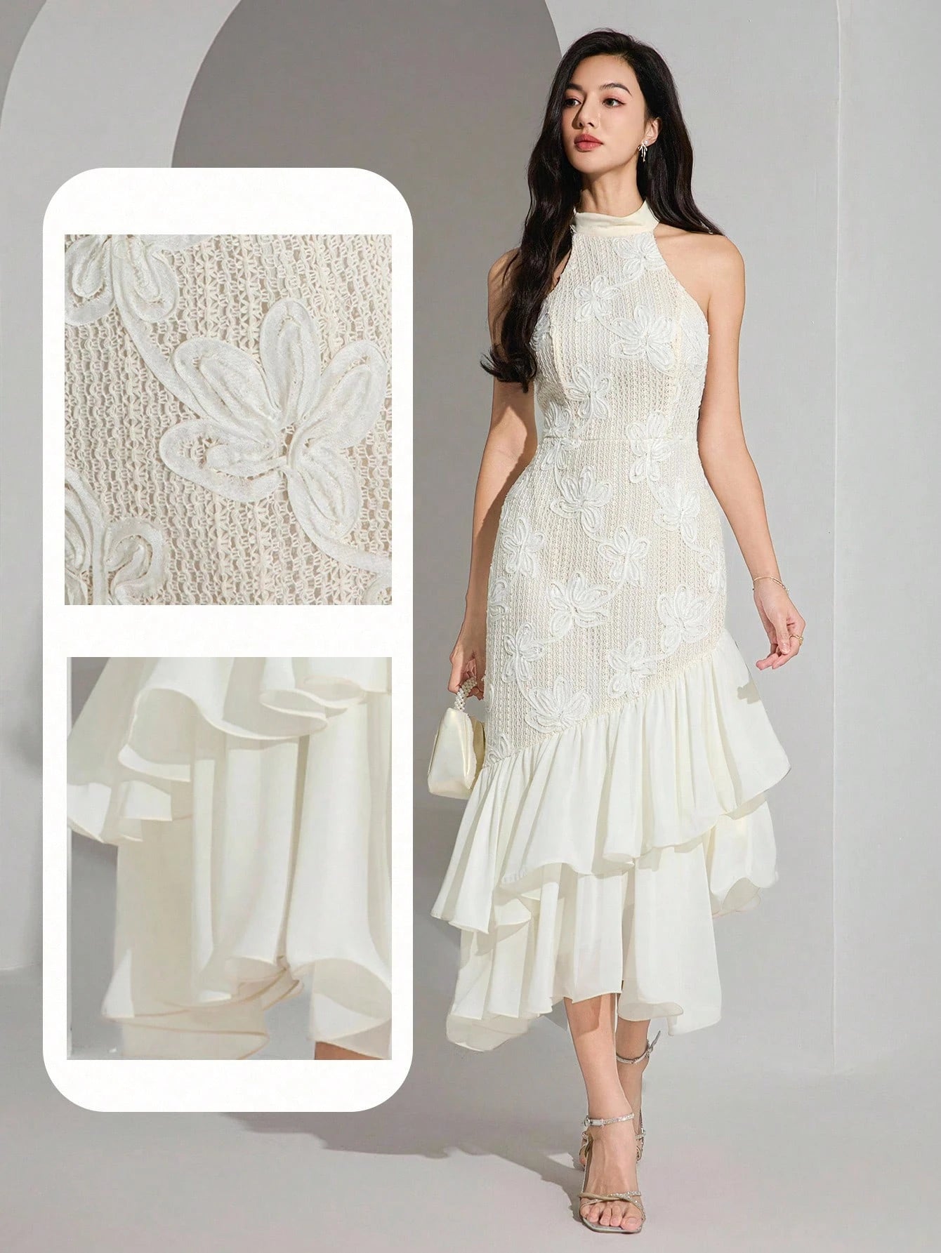 PA6985  Women's Elegant Jacquard Patchwork Ruffle Hem Halter Midi Dress