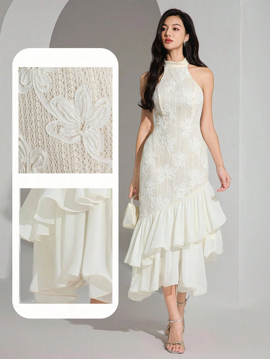 PA6985  Women's Elegant Jacquard Patchwork Ruffle Hem Halter Midi Dress