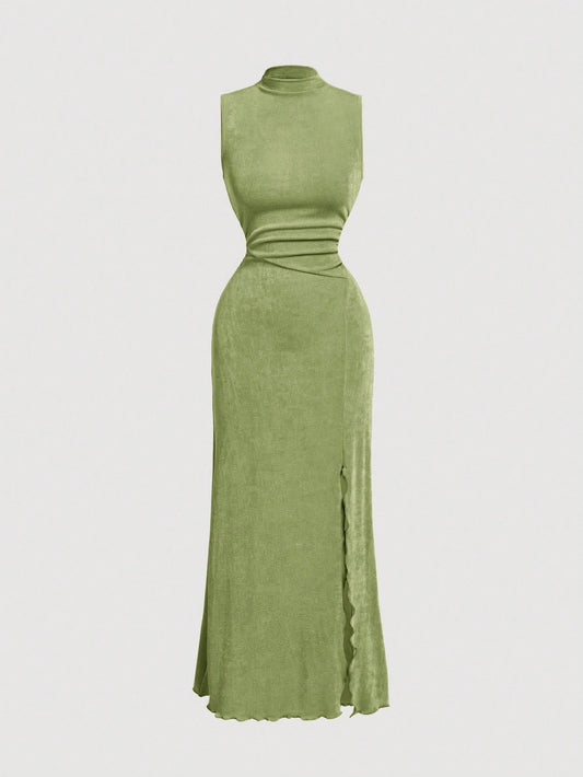 PA5710 || Winter,Women's High Slit Dress With Stand Collar,Rust Brown, Half Turtleneck, High Slit Hem, Ladies Elegant, Party, Knitted Long Dress For Women
