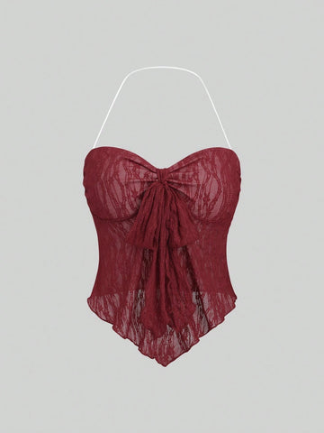 PA9926	Women's Solid Color Front Knot Asymmetric Hem Fashionable Halter Cami Top Y2K
