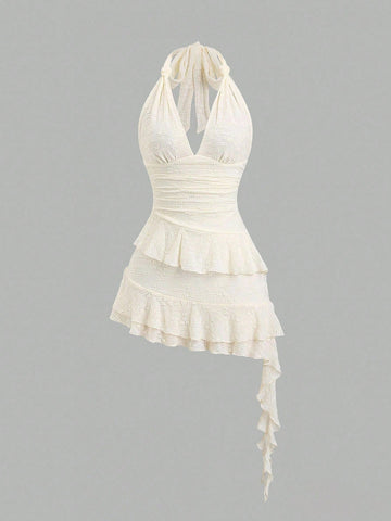 PA0246	Spring & Summer Romantic Girl Knit Lace Twist-Tied Layered Ruffle Hem Crop Dress Casual Sweet Style