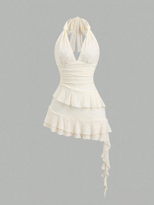 PA0246	Spring & Summer Romantic Girl Knit Lace Twist-Tied Layered Ruffle Hem Crop Dress Casual Sweet Style