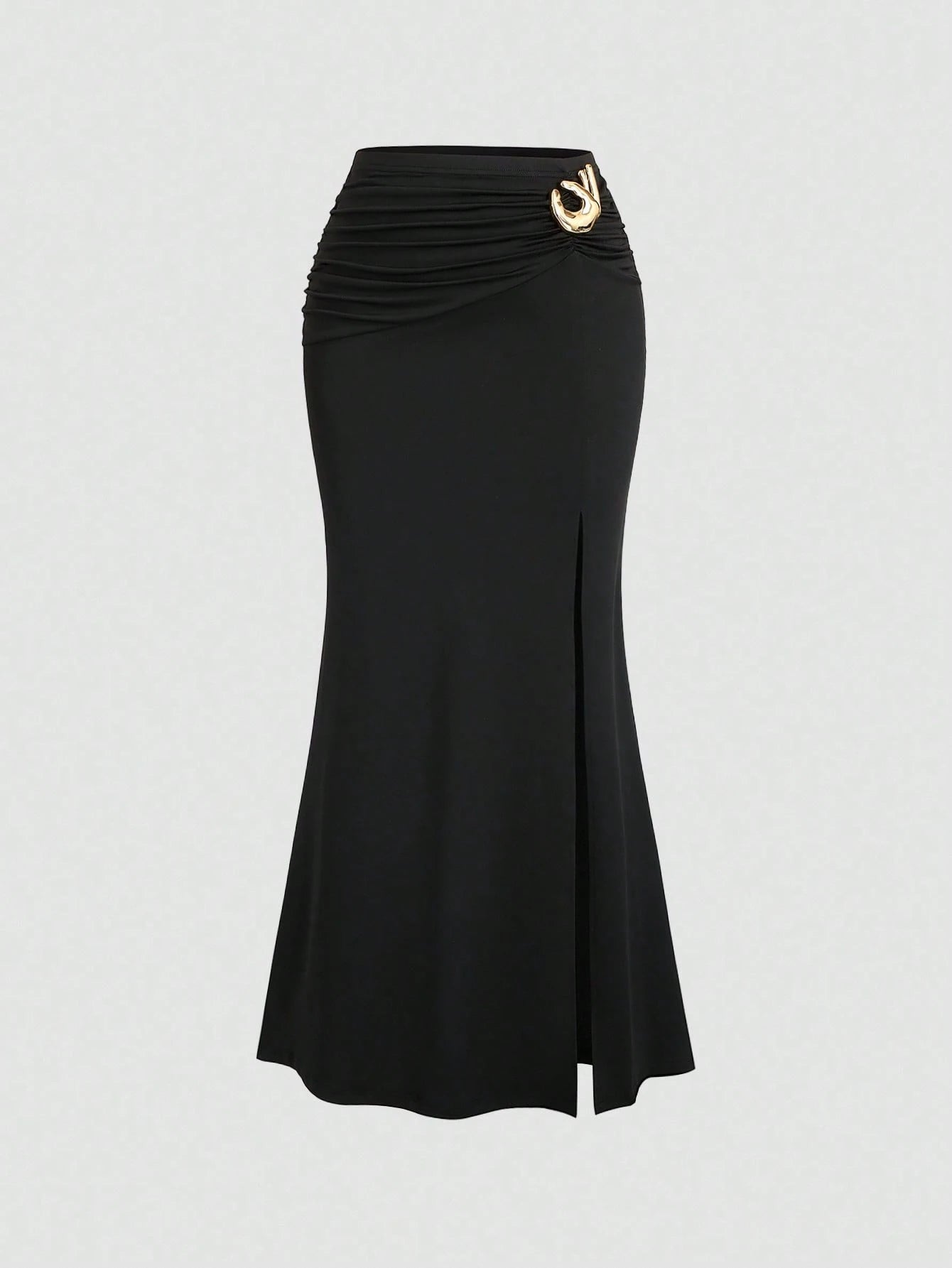 CV2039	Women's New Elegant Office Daily Versatile Solid Color Pleated Gold Decor High Slit Waist-Cinching Slim Fit Skirt