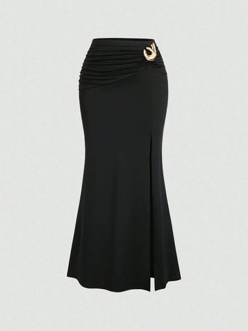 CV2039	Women's New Elegant Office Daily Versatile Solid Color Pleated Gold Decor High Slit Waist-Cinching Slim Fit Skirt