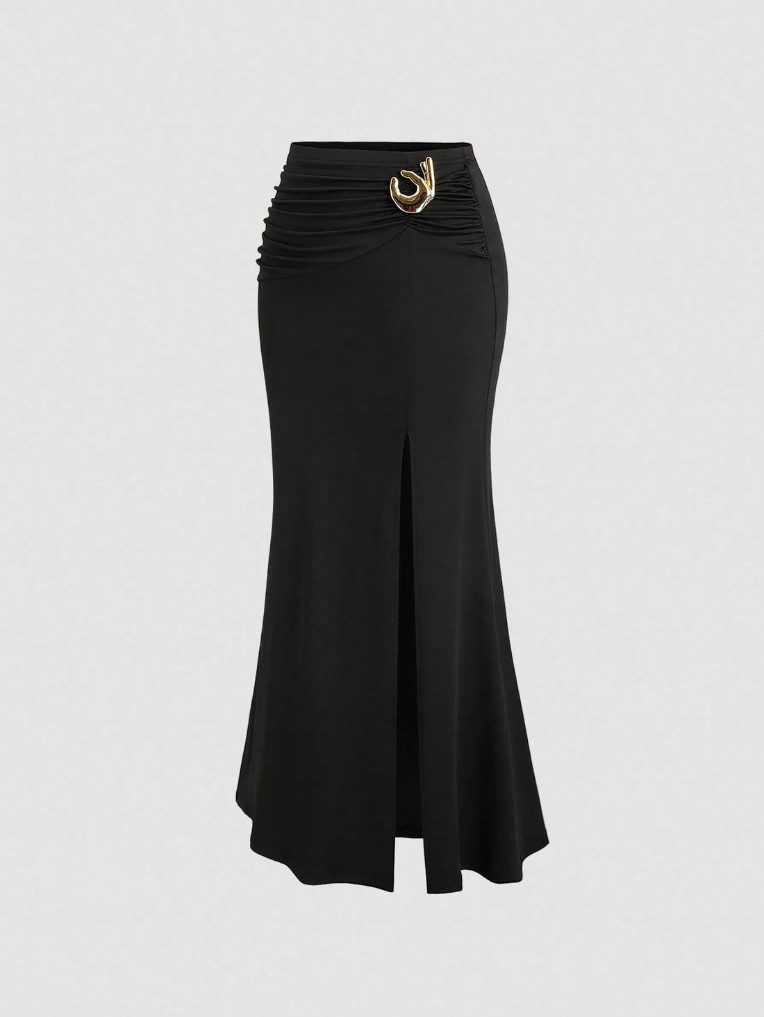CV2039	Women's New Elegant Office Daily Versatile Solid Color Pleated Gold Decor High Slit Waist-Cinching Slim Fit Skirt