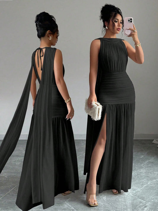 PA2348  Women Solid Color Minimalist Sleeveless Long Dress