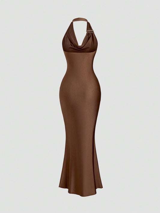 PA3647	Maillard Color Sexy Plunging Neck Metallic Floral Accent Distinctive Draped Neck Waist Cinched Slim-Fitting Bodycon Dress For Women